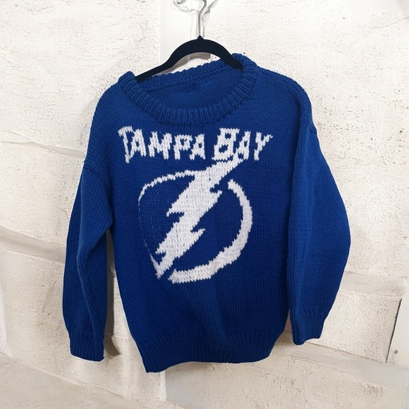 Tampa bay lightning bolt hand knit Sweater with White Logo Streetwear 90s M - Picture 1 of 4